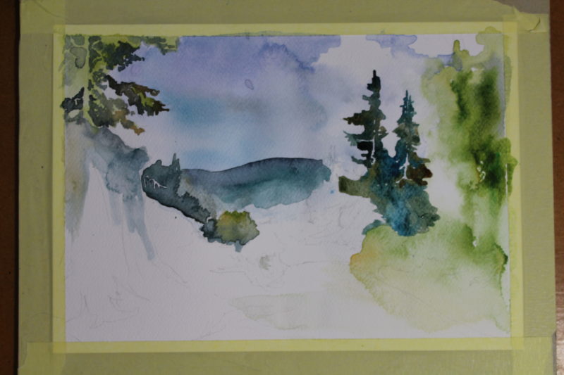 krajobraz przyrody malowany akwarelą